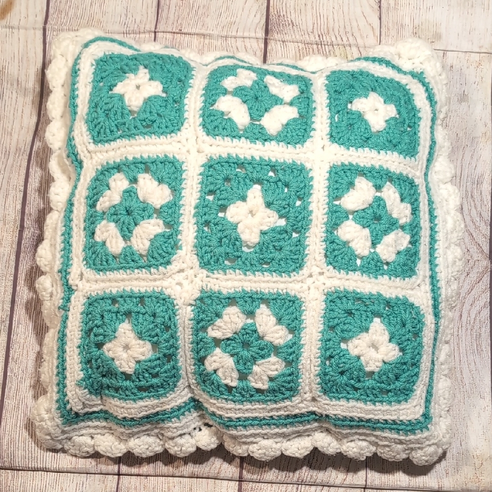 Home-made Handmade Teal And White Granny Square Pillow Scalloped Edge
